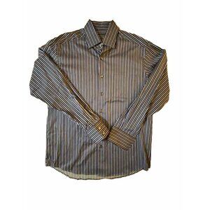 ermenegildo zegna shirt Stripped Navy Blue Gold Large Luxury Brand Soft